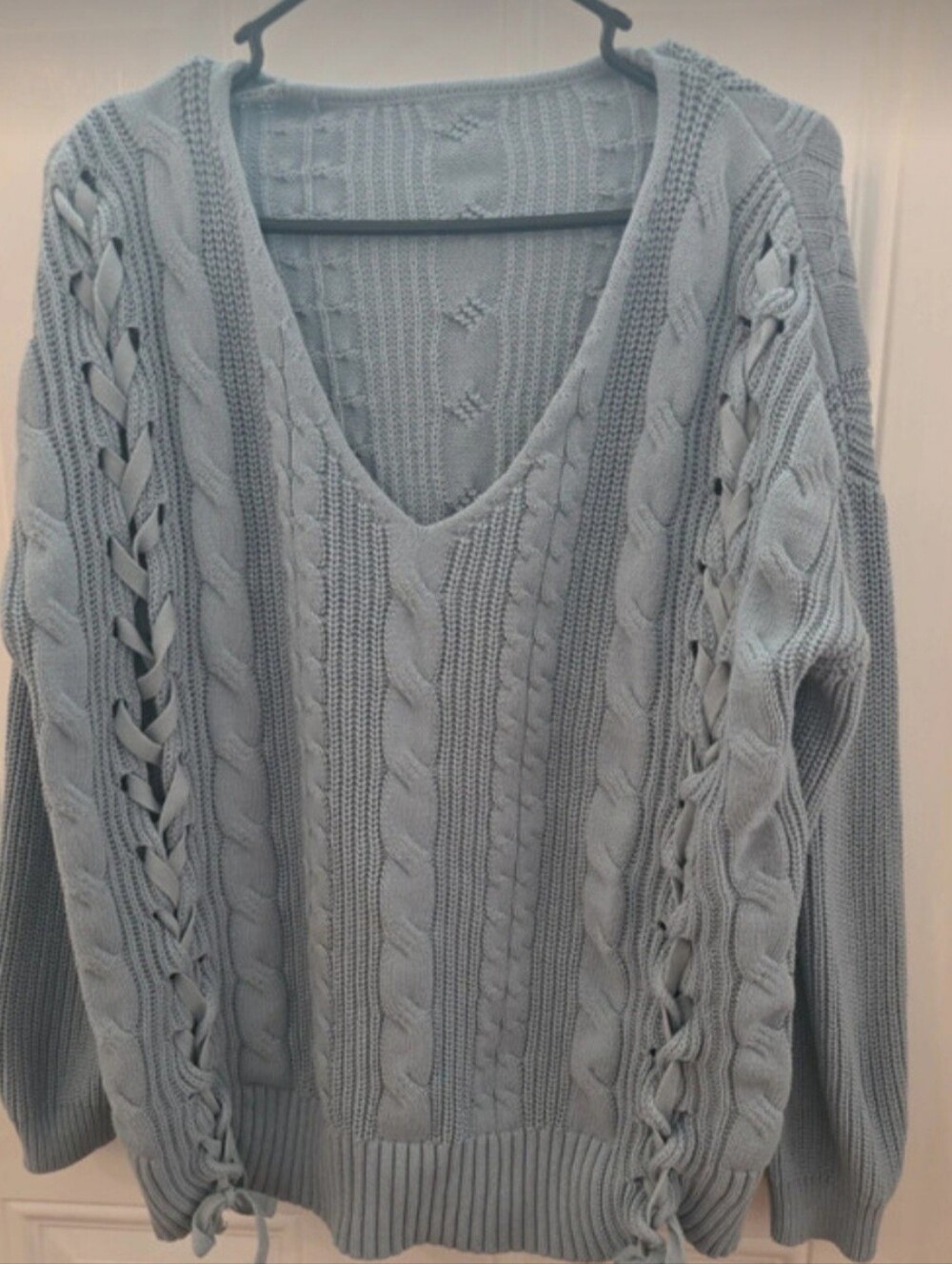 Women's Light Blue Cable Knit V-Neck Sweater